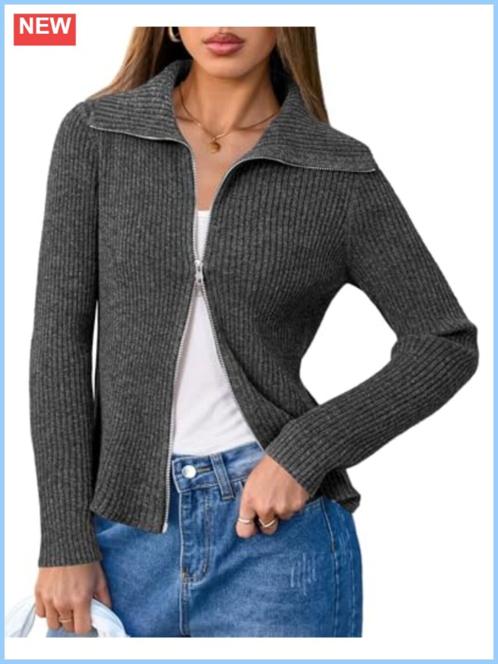 Wool Blend Zip Up Cardigan Sweater Slim Fit Ribbed Knit Two-Way Zip
